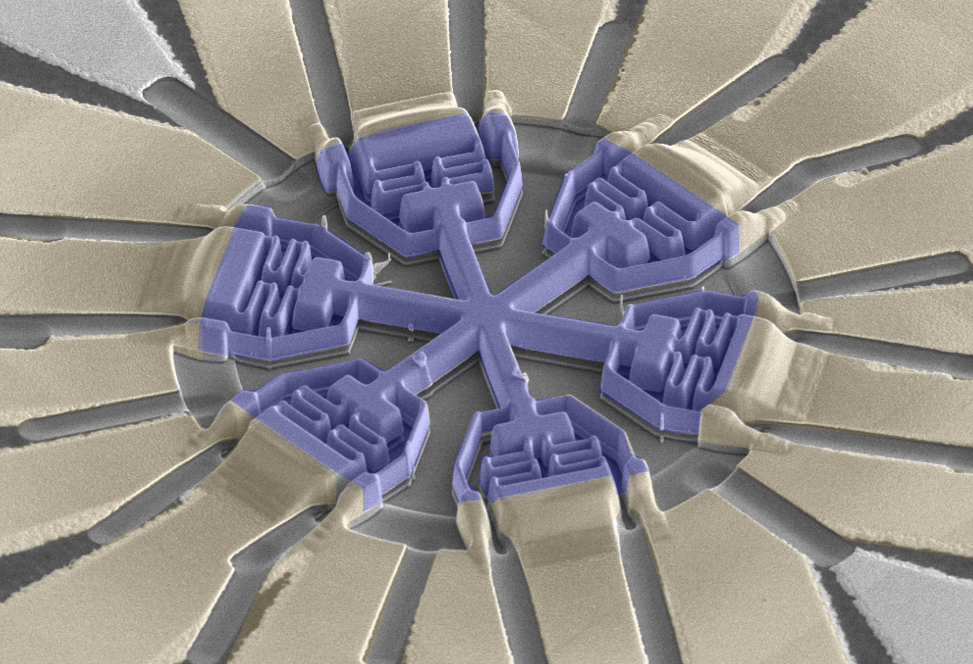 Colourised electron micrograph of a purple six-armed device with radial electrical contacts.